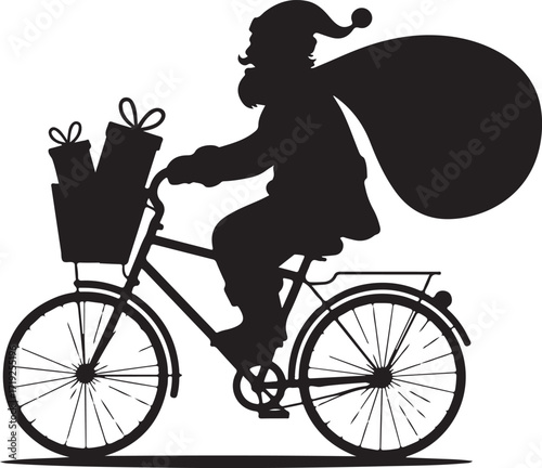 Black silhouette of Santa Claus riding a bicycle with gifts in a basket and a sack on his back vector