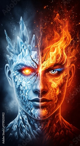 Striking Digital Art of Face Split Between Ice and Fire, Contrast and Emotion