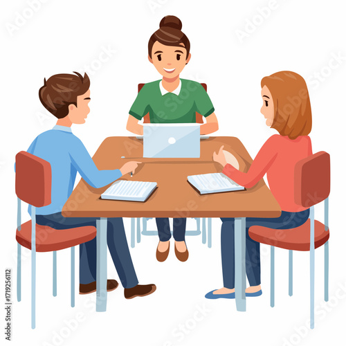 Brainstorming Meeting at Table: In a bright and engaging cartoon illustration, a team gathers around a wooden table, immersed in a focused meeting, with a laptop and papers.