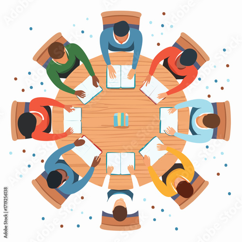 Round Table Discussion: Overhead view of a diverse group engaged in a business discussion around a circular table, symbols representing communication, teamwork, and idea exchange.