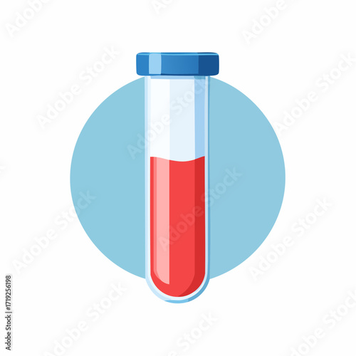 Blood Test: A vibrant illustration of a test tube filled with a red liquid, representing a blood sample, set against a light blue circle, perfectly suited for scientific and medical illustrations. 