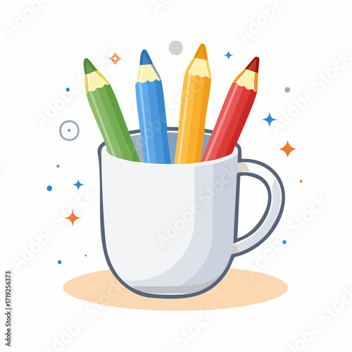Colorful Pencils in Cup: A vibrant collection of colored pencils stand upright in a pristine white cup, ready to unleash a burst of creativity. Each pencil bursts with its own unique hue.