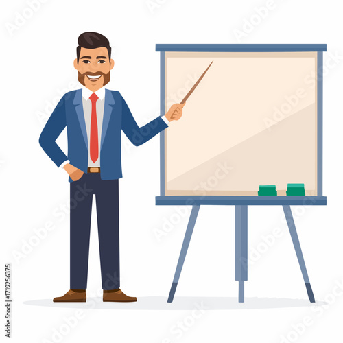 Confident Presentation: A well-dressed presenter, pointer in hand, confidently delivers a speech during a meeting, emphasizing the importance of conveying your message with authority and poise.