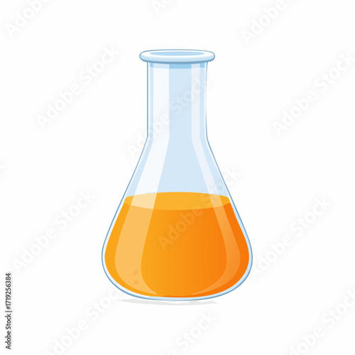 Science of liquid: A vivid cartoon illustration showcases a laboratory conical flask containing a vibrant orange liquid, symbolizing scientific experimentation, chemistry.