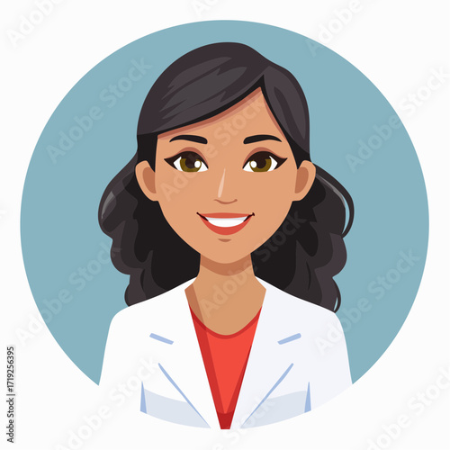 Professional Woman in a Blue Circle: A portrait of a professional woman exudes competence and approachability, set against a soft blue backdrop. She smiles confidently. 