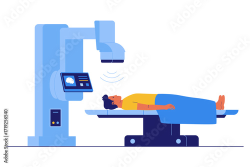Illustration of Radiation Therapy and Oncology Treatment. Patient Receiving Radiotherapy from a Modern Medical Machine