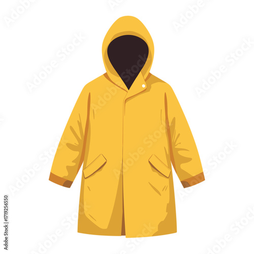Yellow raincoat with hood displayed on white background  