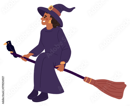 Young witch sits on flying broomstick with black raven. Halloween character flight. Mysterious wizard. Wicked hat and bird familiar. Isolated scary sorcerer. Vector witchcraft concept