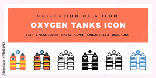 Oxygen Tanks Icon Set. Flat. Lineal. Glyph Styles