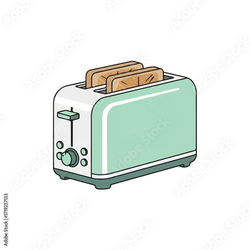 Illustration of a mint green toaster with two slices of toast inside on a plain white background.