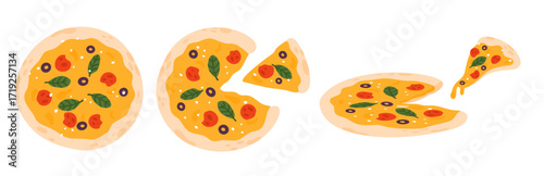 Whole and slice pizzas with salami sausage, olives, herbs and cheese. Eating process. Mozzarella snack piece. Round pepperoni top view. Baked Italian food. Pizzeria meal. Vector concept