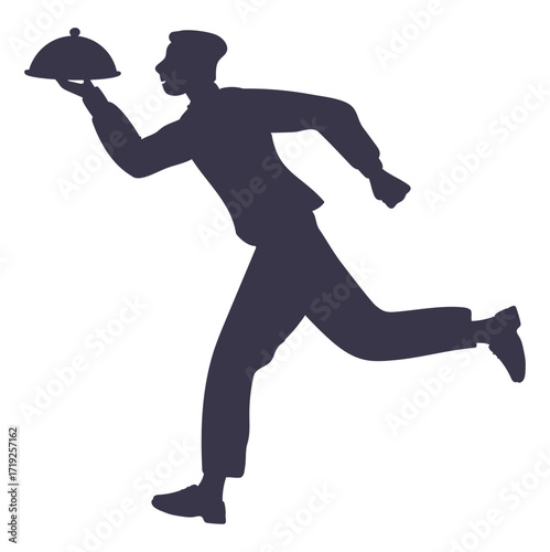 Waiter running with tray of food. Silhouette of hurrying man. Meal order delivery. Servant or butler carrying cloche platter. Cafe staff. Restaurant hospitality. Vector catering service