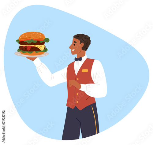 Waiter holding large burger on tray. Man offers fast food meal. Male servant in uniform carrying cheeseburger dish. Cafe staff. Restaurant hospitality. Fastfood serving. Vector concept