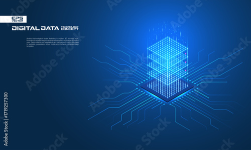 Isometric data cloud server built from a chip on a circuit. AI technology, network, and computer system. Futuristic digital center concept. Storage, database, business, internet cyber security design.