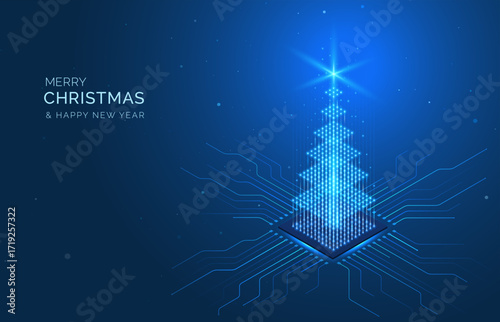 Isometric AI technology Christmas tree in a glowing digital 3D background. Circuit board, data chip, IT computer network concept. Futuristic xmas design concept for holiday card, new year celebration