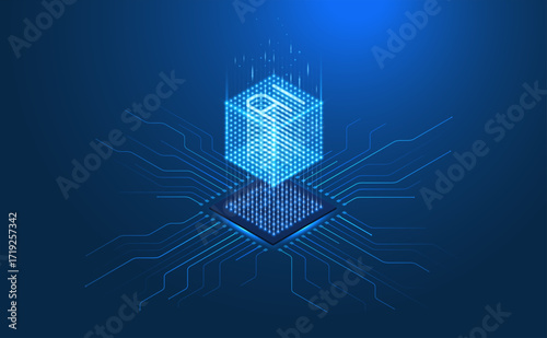 Futuristic AI 3D cube in isometric projection. Glowing chip. circuit board, data processor. Abstract digital background. Machine learning, computer network, artificial intelligence technology concept.