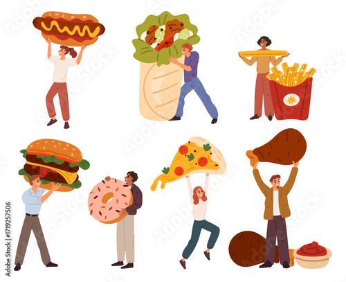 Tiny men and women holding fastfood. People carry large pizza piece, burger and hot dog. Shawarma eating. Potato fries and chicken legs with sauce. Persons with unhealthy food vector set