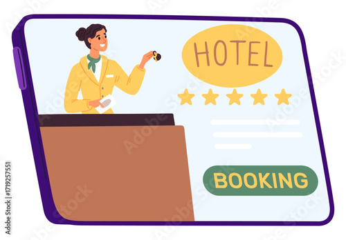 Tablet with girl holding hotel room keys on screen. Hostel booking online. Smartphone display. Travel application. Internet reservation app. Receptionist at counter. Vector concept