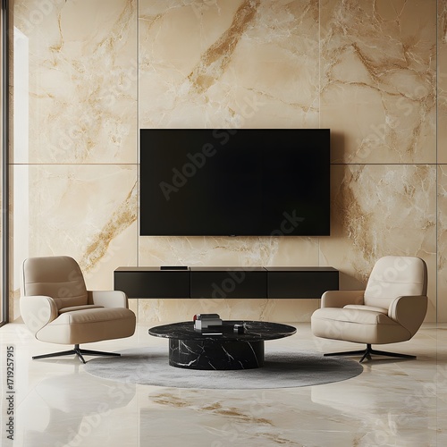 Modern Living Room Interior Design Beige Marble Walls TV