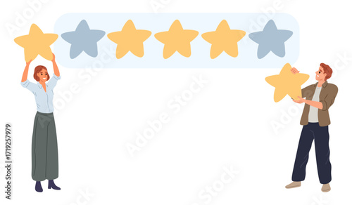 Man and woman giving five star ratings. Satisfaction feedback. Positive review. Client evaluation. Customer experience. Vector concept of evaluating quality of services using starry system