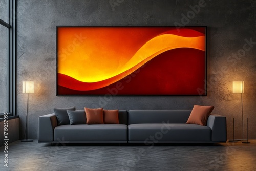 A modern living room interior showcases a large abstract artwork with bold orange and red hues, featuring flowing lines and a dramatic composition.