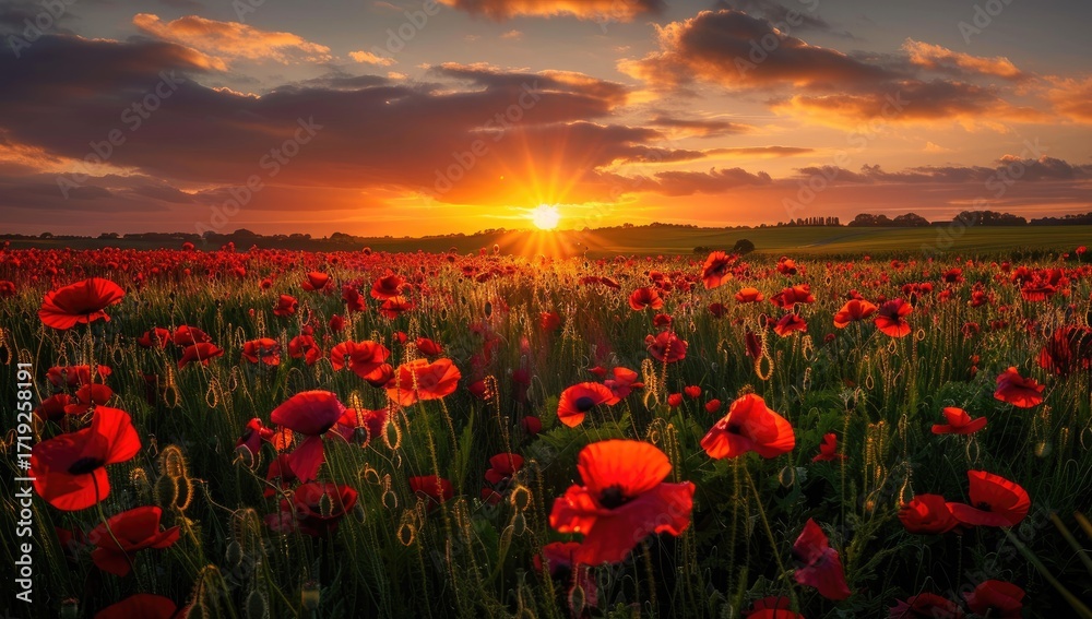Obraz premium A vibrant sunset casts a warm glow over a vast field of red poppies, the sun's rays creating a starburst effect. The scene is peaceful and idyllic, showcasing the beauty of nature