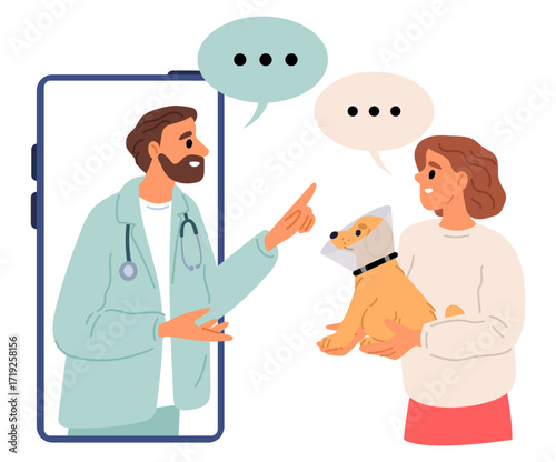 Male veterinarian on smartphone screen advises woman holding dog. Online pet treatment. Mobile medical veterinary consultation. Vet doctor and puppy owner communication. Vector concept