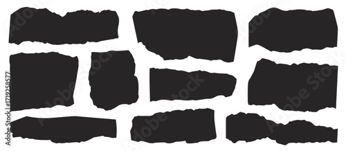 Jagged black stone bricks are assembled to create a simple rough monochrome wall over transparent background