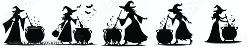 vector silhouette of a witch stirring a halloween potion