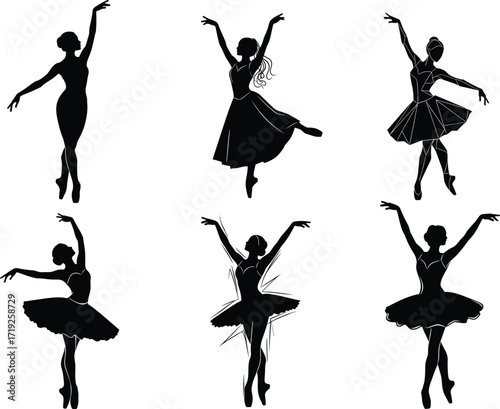 Elegant ballerina silhouette set, dancing female figures in various poses, ballet dancers clipart, graceful dance vector illustration.