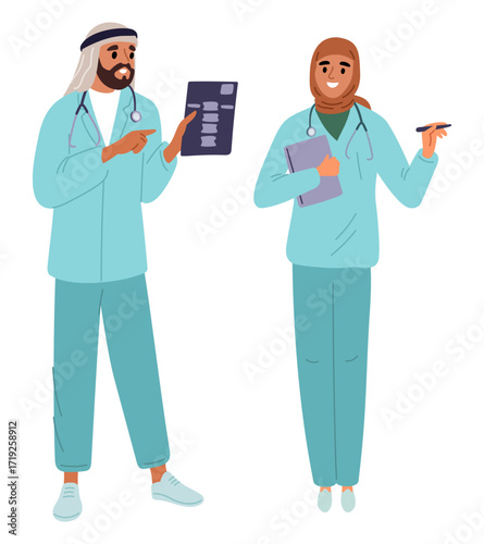 Arab male and female doctors. Muslim surgeon and nurse. Medical specialists. Man or woman work in Saudi clinic. Hospital professional staff. Islamic practitioner physicians. Vector concept