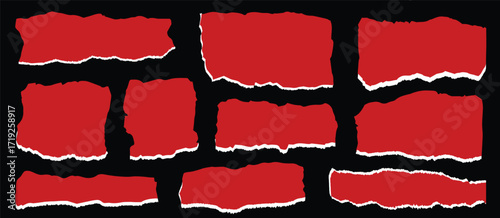 Red paper with jagged edges shows ten different pieces on black background