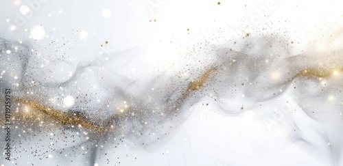 Abstract image of flowing, translucent fabric with embedded glitter, in shades of grey and gold, set against a white background, evoking a sense of movement and ethereal beauty