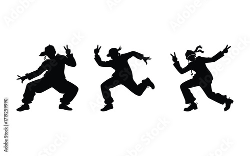 Three silhouetted figures in dynamic poses against a white background showing peace sign gestures