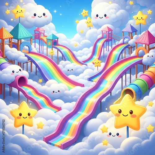 Whimsical Rainbow Playground with Cute Smiling Clouds and Stars, Colorful Slides for Children's Fun and Imagination.