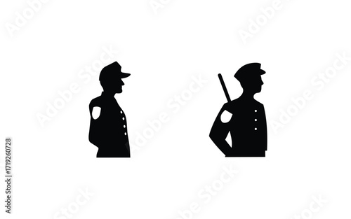 Two silhouette depictions of uniformed guards standing at attention on a white background