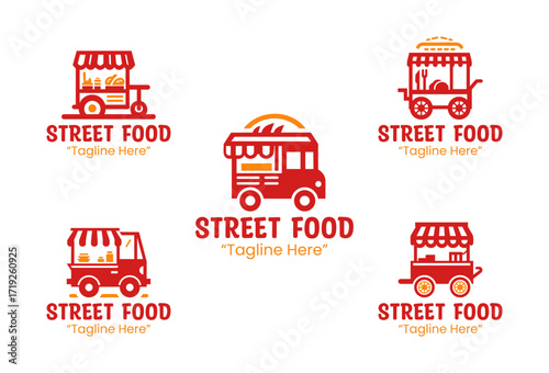5 Street Food Truck or Stand Logo Set Professional Mobile Food Branding Collection