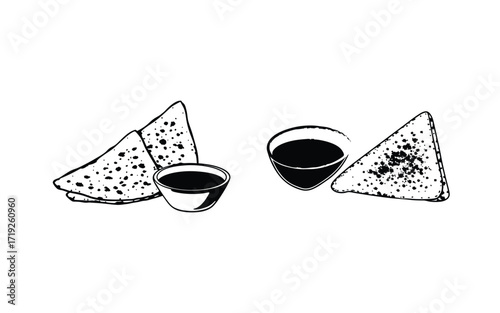 A black and white illustration of tortilla chips with dipping sauce in small bowls on white background