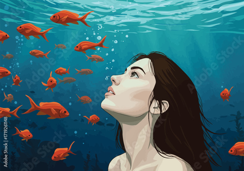 A serene illustration of a woman gazing upwards in an underwater world, surrounded by a school of vibrant orange fish swimming in the clear blue water with sun rays penetrating the surface