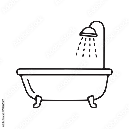  Bathtub with Shower Line Icon. Clawfoot Tub Vector Illustration. Simple Bathroom and Hygiene Outline Symbol.