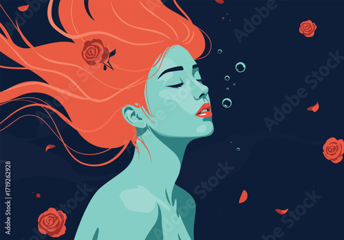 A captivating illustration of a woman with red hair submerged in water, surrounded by red roses and petals, creating a serene and dreamlike atmosphere in the deep blue water