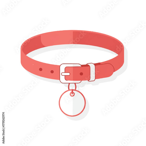 Red leather dog collar with silver buckle and tag on white background