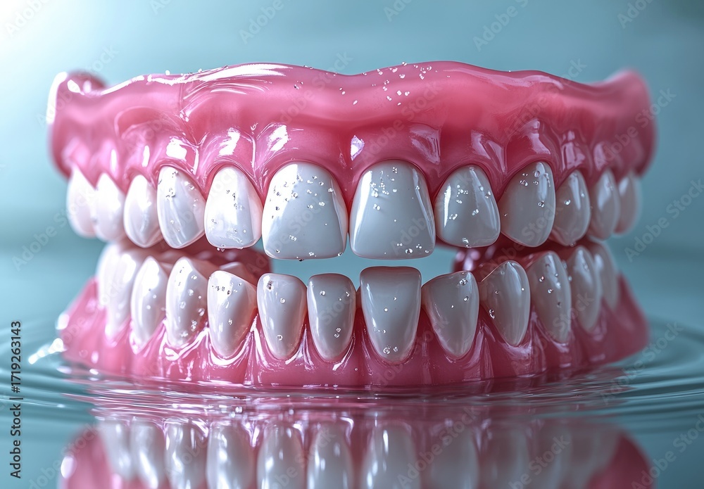Obraz premium Dental prosthesis, pink gums, white teeth, water reflection