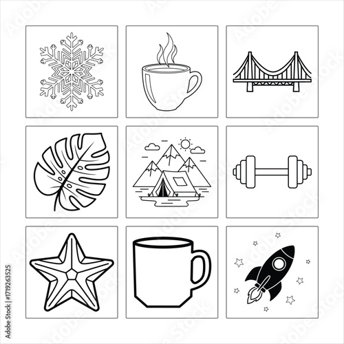 Line Art Collection Of Icons For Coloring Book Templete Vector Illustration Design