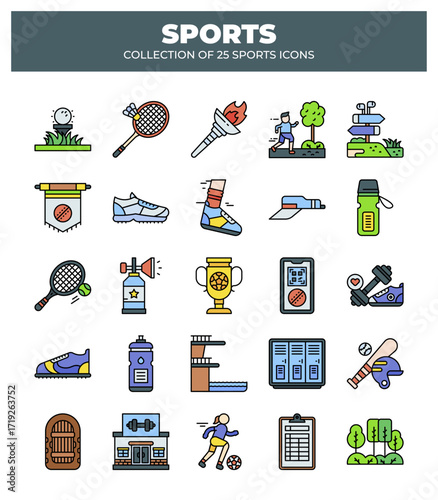 Collection of 25 Sport Icons. Athletic Equipment. Activities. and Fitness