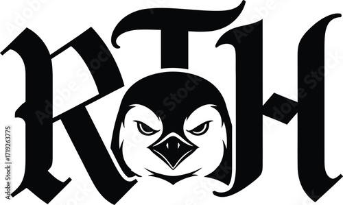 Gothic rth letters with a fierce penguin face in the center