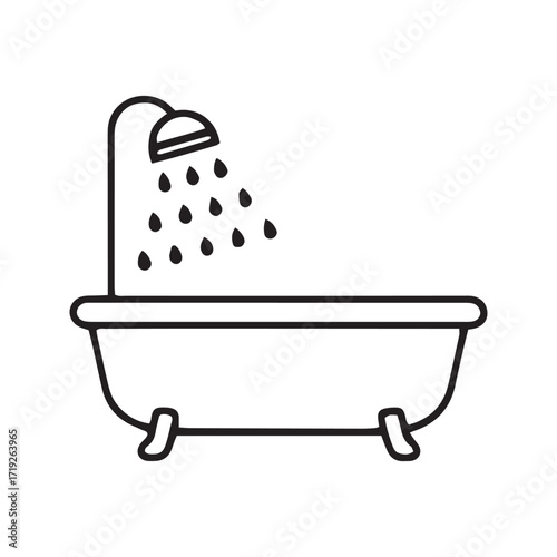  Bathtub with Shower Line Icon. Clawfoot Tub Vector Illustration. Simple Bathroom and Hygiene Outline Symbol.