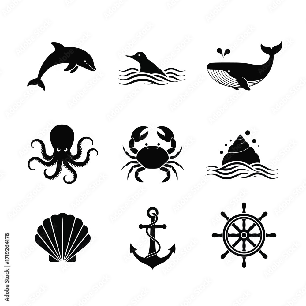 Fototapeta premium Ocean Animals and Nautical Icons: Dolphin, Whale, Octopus, Crab, Shell, Anchor, Ship Wheel vector graphics seashell maritime wildlife