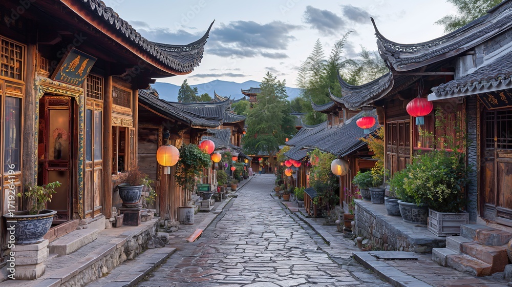 Obraz premium Traditional Lane in Lijiang Ancient Town, Chinese Wooden Dwellings with Lanterns, Historical Cultural Tourism and Folk Custom Stock
