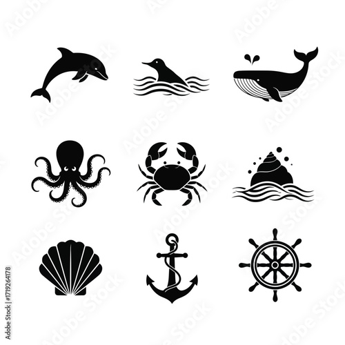 Ocean Animals and Nautical Icons: Dolphin, Whale, Octopus, Crab, Shell, Anchor, Ship Wheel vector graphics seashell maritime wildlife
